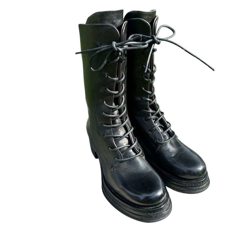 A.S. 98 Caden Wmn 6.5 Black Leather Lace Up Casual Dress Boots Block Heel Combat